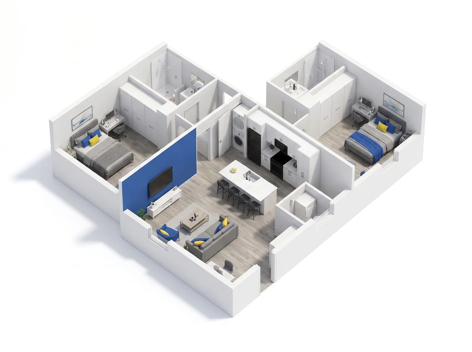 3D floor plan of The Duo: 2 bedrooms, each with a private bath, about 820 square feet