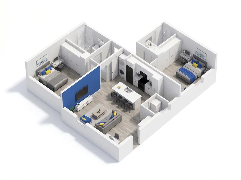 3D floor plan of The Duo, 2 bedrooms each with a private bath