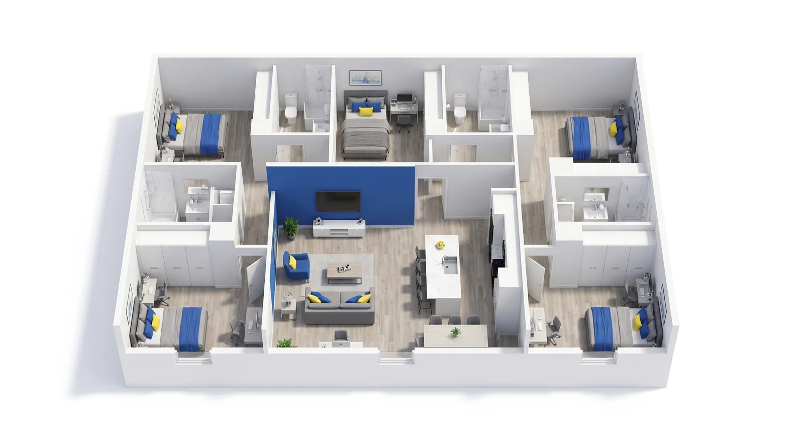 3D floor plan of The Five: 5 bedrooms, each with a private bath, about 1600 square feet