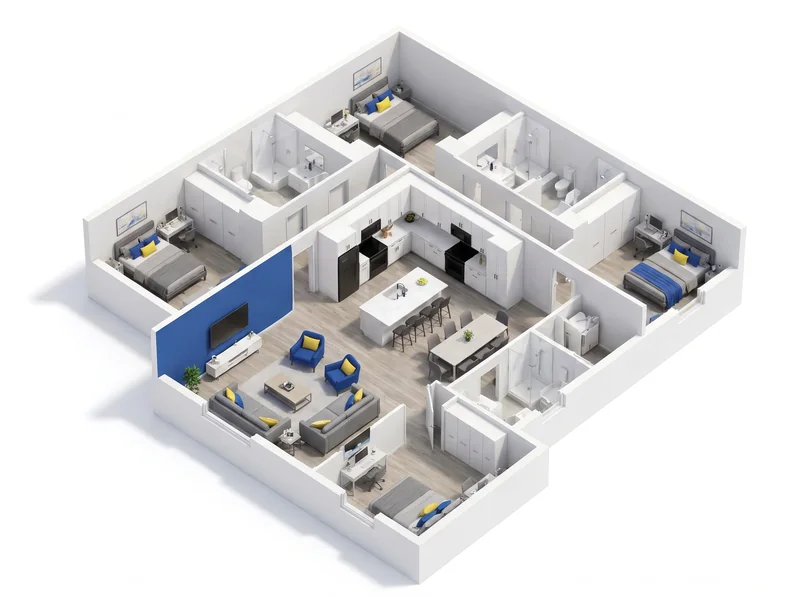 3D floor plan of The Quad, 4 bedrooms each with a private bath